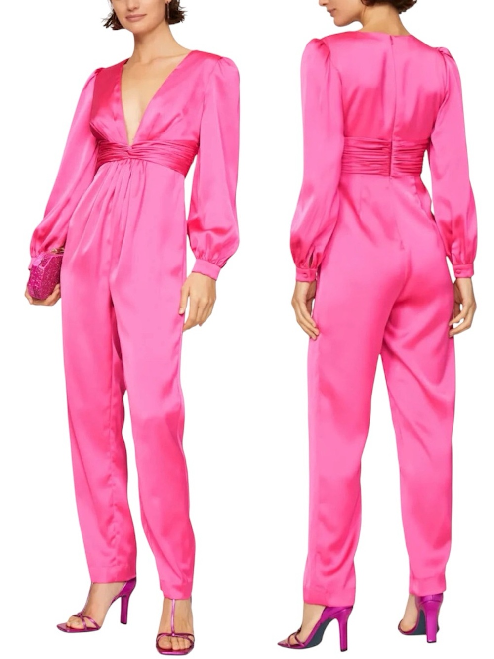 Ieena for Mac Duggal Pink Front Twist Puff Sleeve Deep V Jumpsuit Size 10